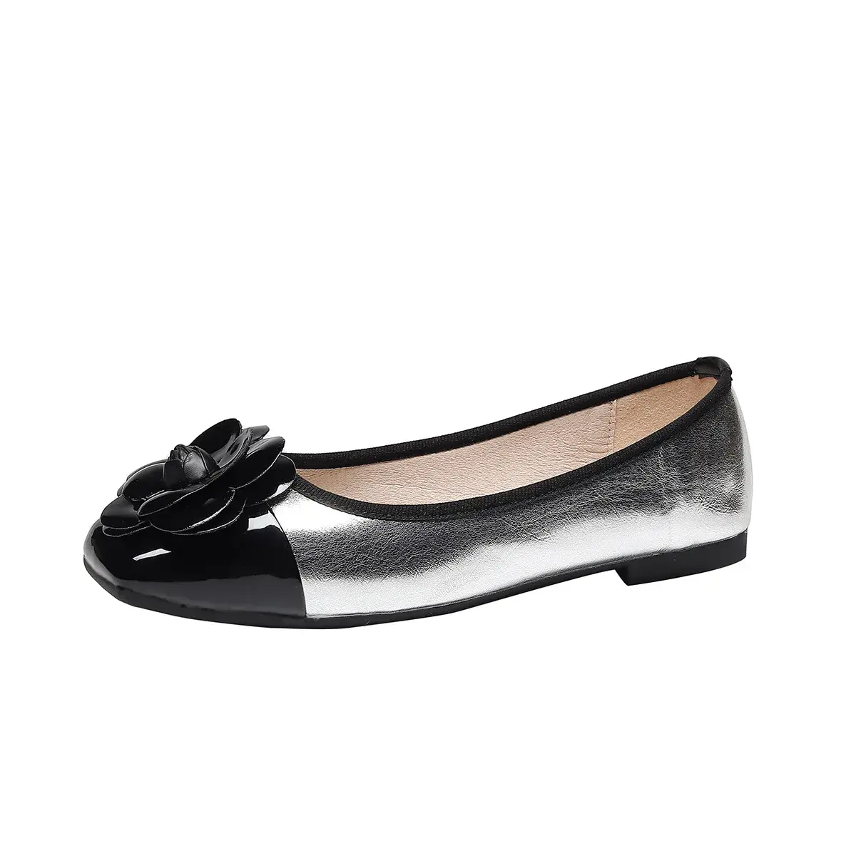 Brand Designer Square Toe Silver Camellia Flat Shoes Women's Comfortable Soft Sole Shallow Mouth Slip on Casual Loafer 2023
