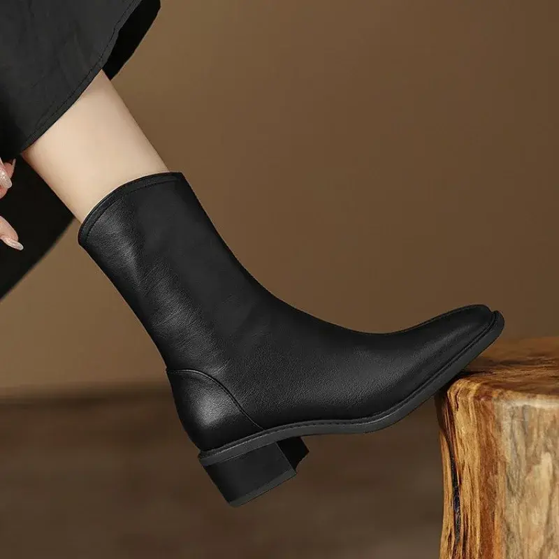 New PU Leather Ankle Boots for Women Shoes Fashion Side Zipper Outdoor Ladies Footwear Low Heel Short Black Botas De Mujer
