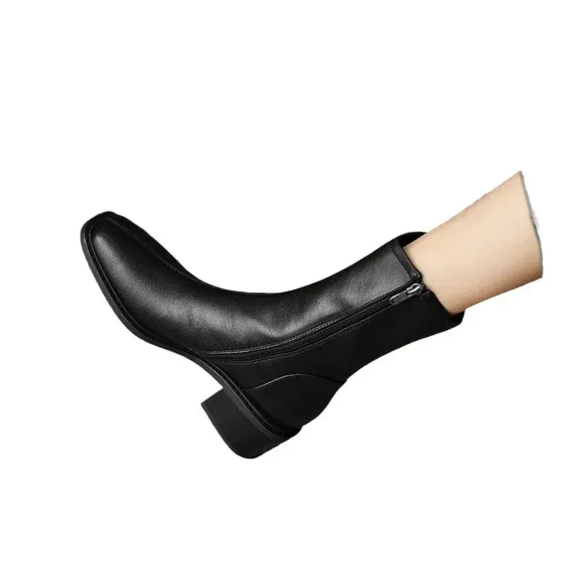 New PU Leather Ankle Boots for Women Shoes Fashion Side Zipper Outdoor Ladies Footwear Low Heel Short Black Botas De Mujer