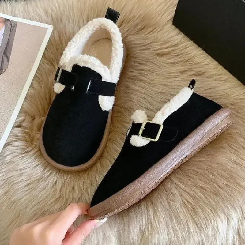 Shoes Woman Flats Round Toe Casual Female Sneakers Slip-on Loafers Fur Dress Winter Retro Slip on New Lace-Up Rubber Flock Leisu