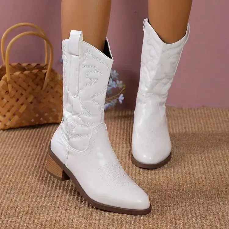 Women Fashion Zipper Knight Boots Ladies Autumn Thick Sole Chunky Heels Retro Boots Pointed Toe Shoes Embroidered Cowboy 2024