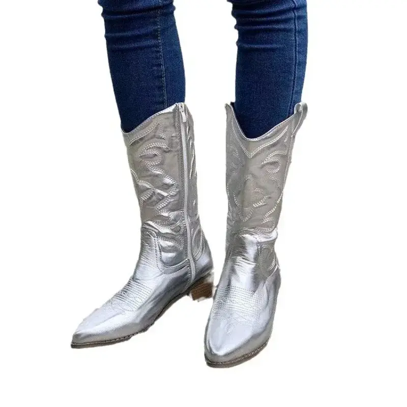 Women Fashion Zipper Knight Boots Ladies Autumn Thick Sole Chunky Heels Retro Boots Pointed Toe Shoes Embroidered Cowboy 2024