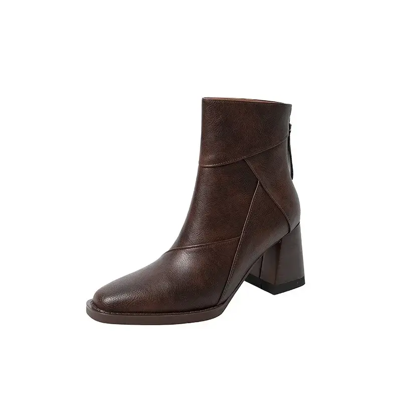 Woman Chunky Ankle Boots Women Zipper Retro Brown Soft Leather Short Boot Autumn New Square Toe Casual High Heel Booties Mujer