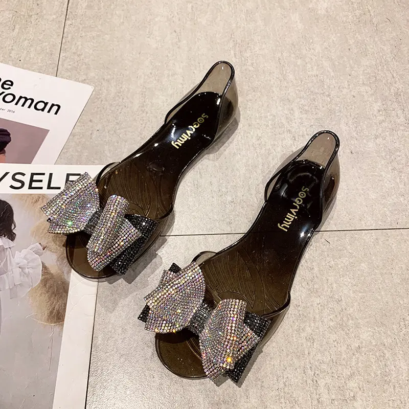 Shoes Plastic Sandals 2023 Women's Flat Fish Mouth Rhinestone Bow Beach Shoes Seaside Leisure Fashion Transparent Sandal