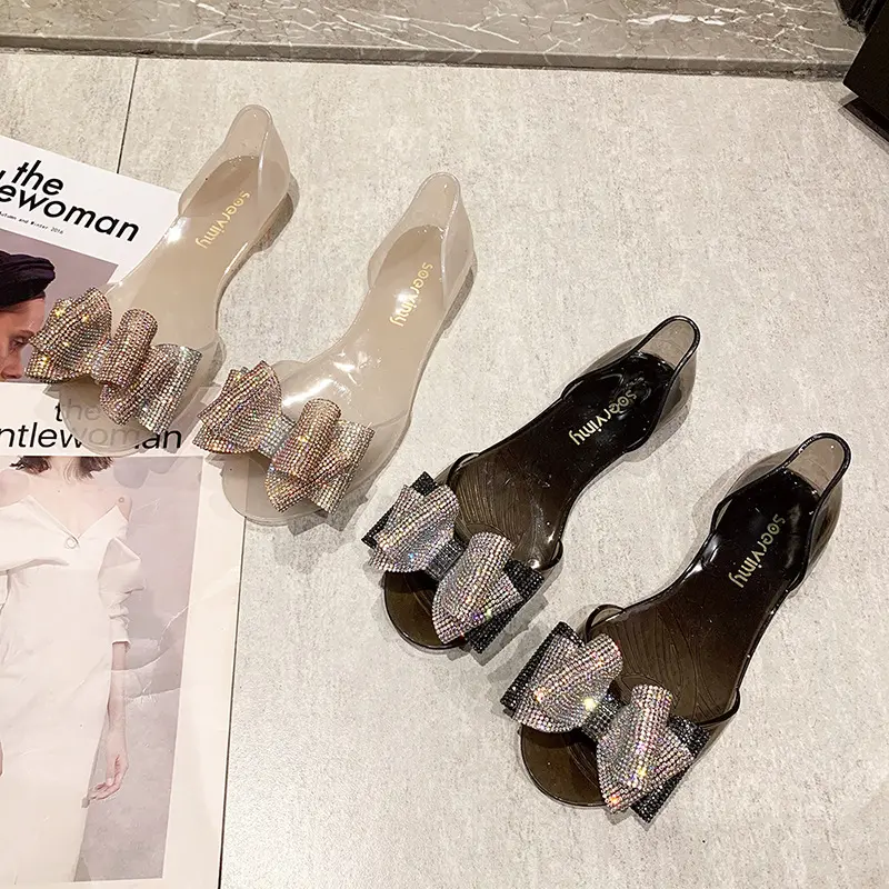 Shoes Plastic Sandals 2023 Women's Flat Fish Mouth Rhinestone Bow Beach Shoes Seaside Leisure Fashion Transparent Sandal