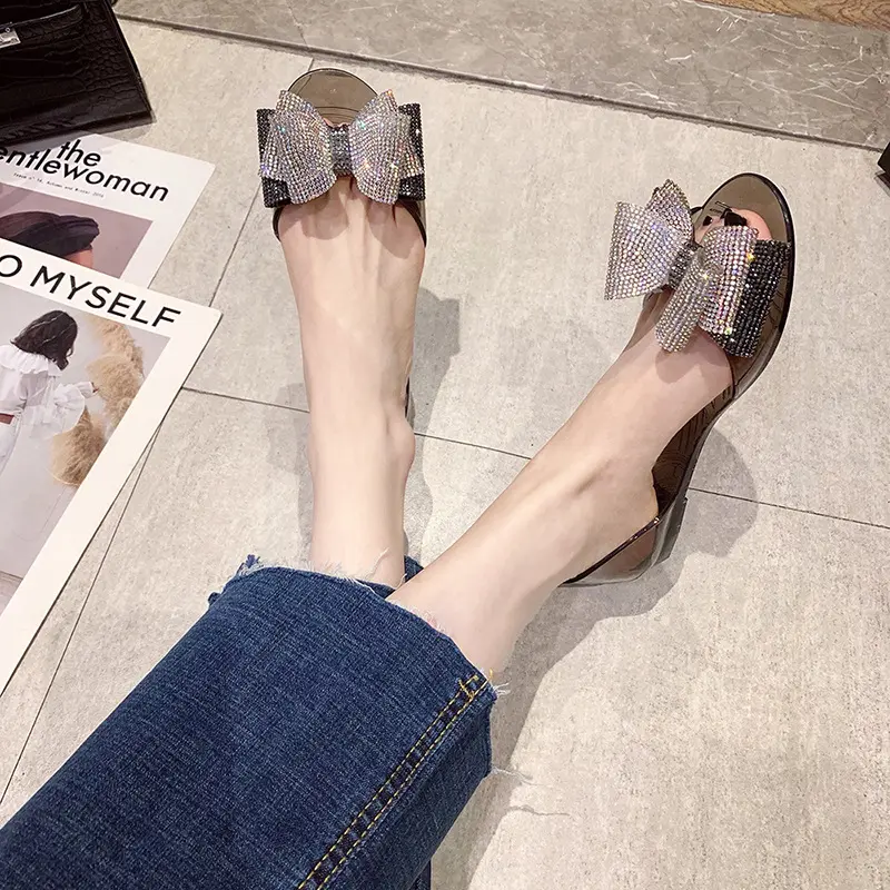 Shoes Plastic Sandals 2023 Women's Flat Fish Mouth Rhinestone Bow Beach Shoes Seaside Leisure Fashion Transparent Sandal
