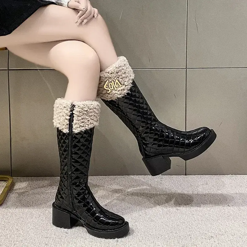 Short Plush Women Knee High Boots Fashion Plaid Round Toe Long Boots Woman Chunky Heels Booties Female Platform Botas 2024