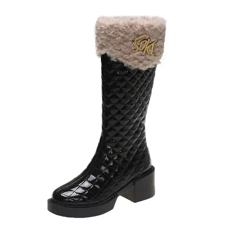 Short Plush Women Knee High Boots Fashion Plaid Round Toe Long Boots Woman Chunky Heels Booties Female Platform Botas 2024