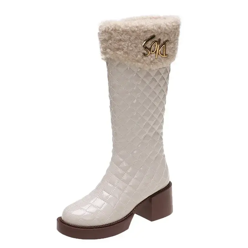 Short Plush Women Knee High Boots Fashion Plaid Round Toe Long Boots Woman Chunky Heels Booties Female Platform Botas 2024
