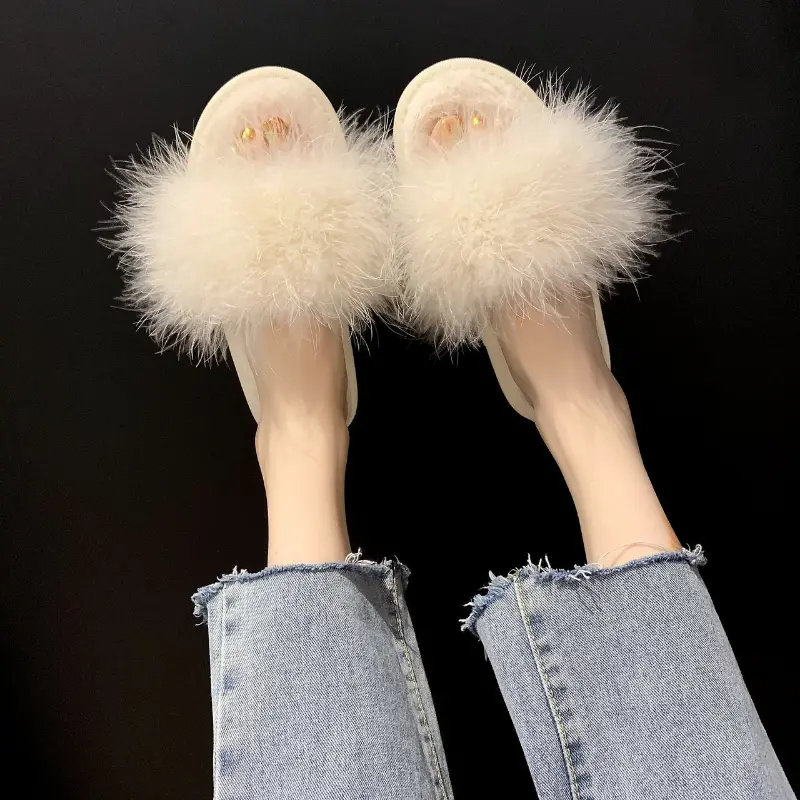 Leisure Plush Slipper for Woman Women's Autumn Winter Ostrich Feather Slippers Footwear Lightweight Flats Non-slip Home Slippers