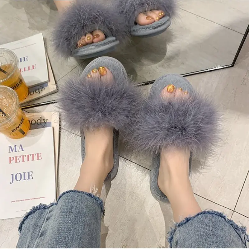 Leisure Plush Slipper for Woman Women's Autumn Winter Ostrich Feather Slippers Footwear Lightweight Flats Non-slip Home Slippers