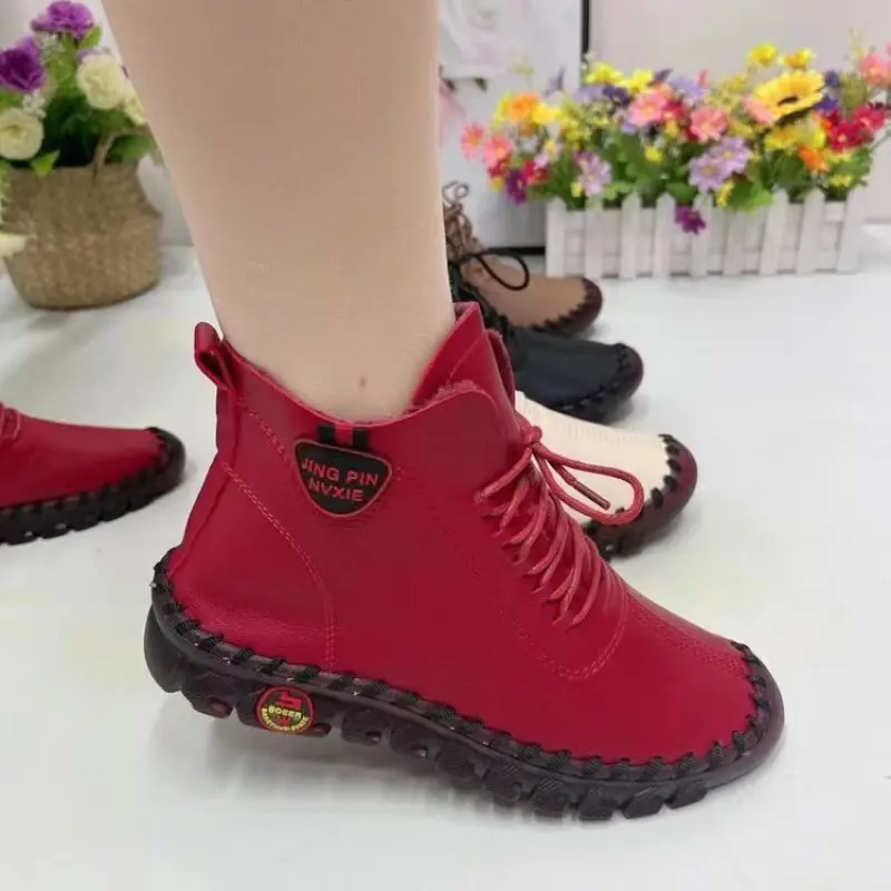 Women Shoes Autumn Loafers Lace Up Sneakers Casual Flats Solid Soft Bottom Boots Leather High-Top Sneaker Female Shoes2024
