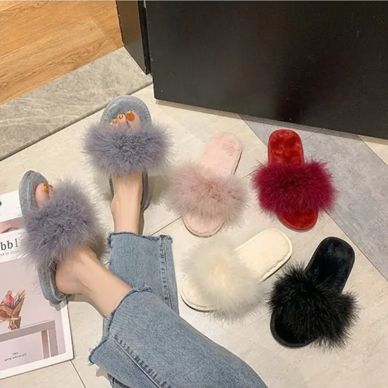 Leisure Plush Slipper for Woman Women's Autumn Winter Ostrich Feather Slippers Footwear Lightweight Flats Non-slip Home Slippers