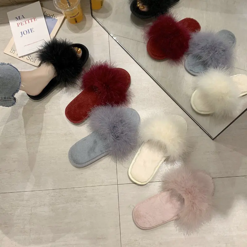 Leisure Plush Slipper for Woman Women's Autumn Winter Ostrich Feather Slippers Footwear Lightweight Flats Non-slip Home Slippers