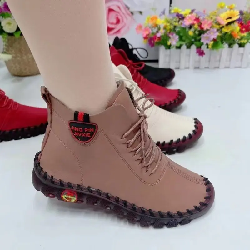Women Shoes Autumn Loafers Lace Up Sneakers Casual Flats Solid Soft Bottom Boots Leather High-Top Sneaker Female Shoes2024