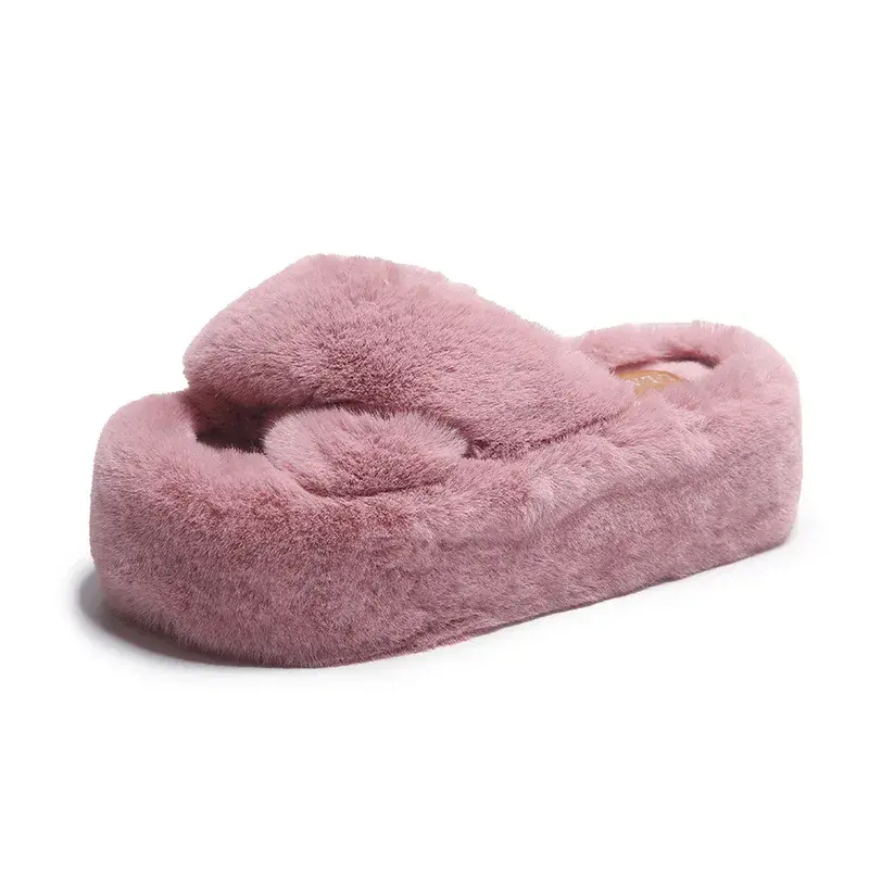Chunky Platform Fur Slippers Women  Thick Bottom Furry Outdoor Slippers Woman Plus Size 42 Short Plush Designer Shoes 2024
