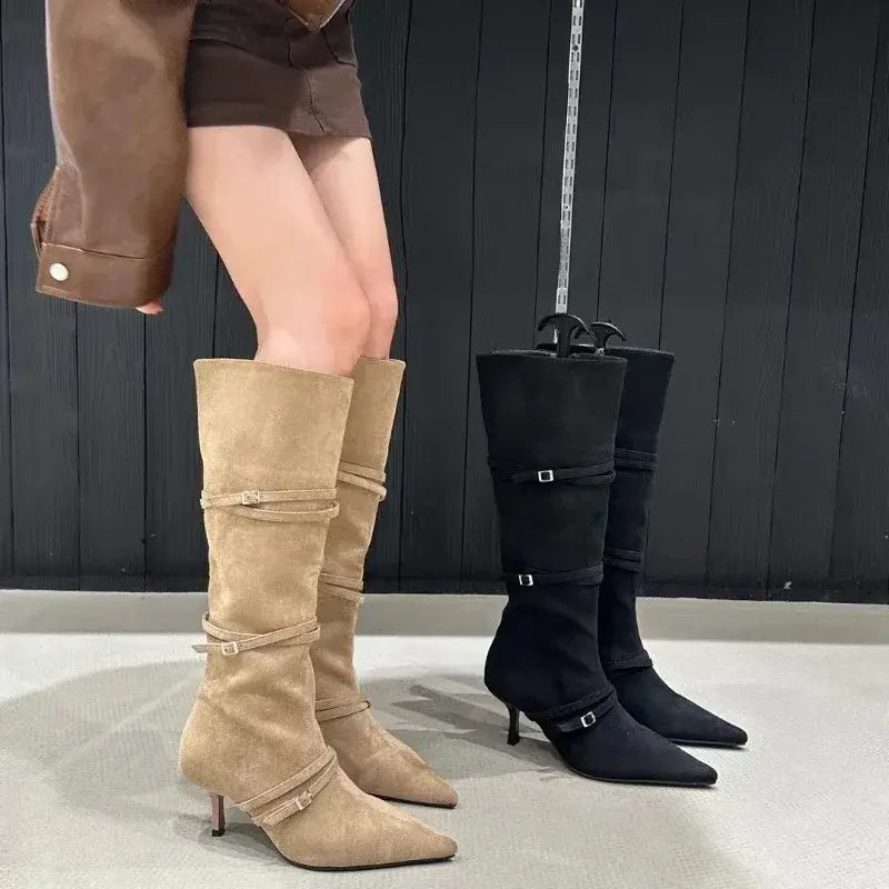 Women Shoes Ladies Long Boots Heels Pointed Toe Shoes Fashion Buckle Slip-On Female Knee High Western Boots Designer Shoes