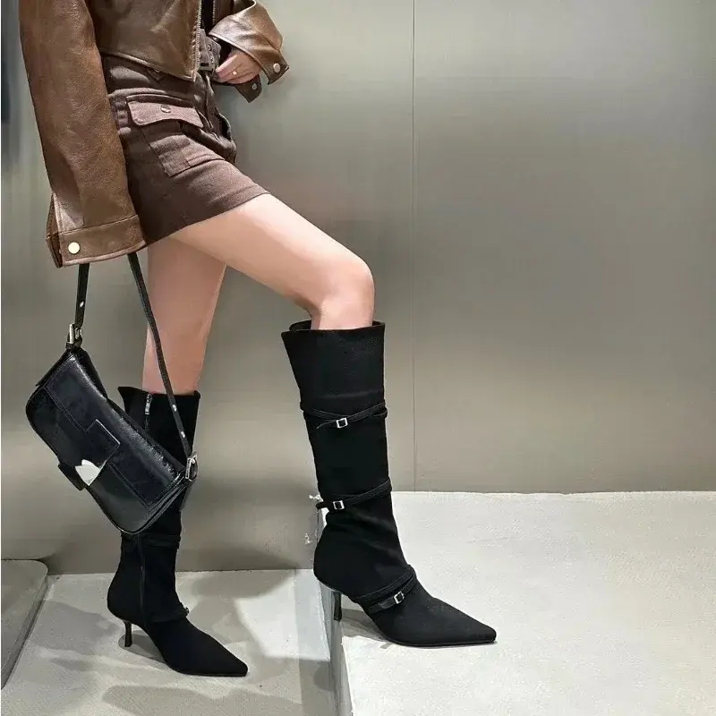 Women Shoes Ladies Long Boots Heels Pointed Toe Shoes Fashion Buckle Slip-On Female Knee High Western Boots Designer Shoes