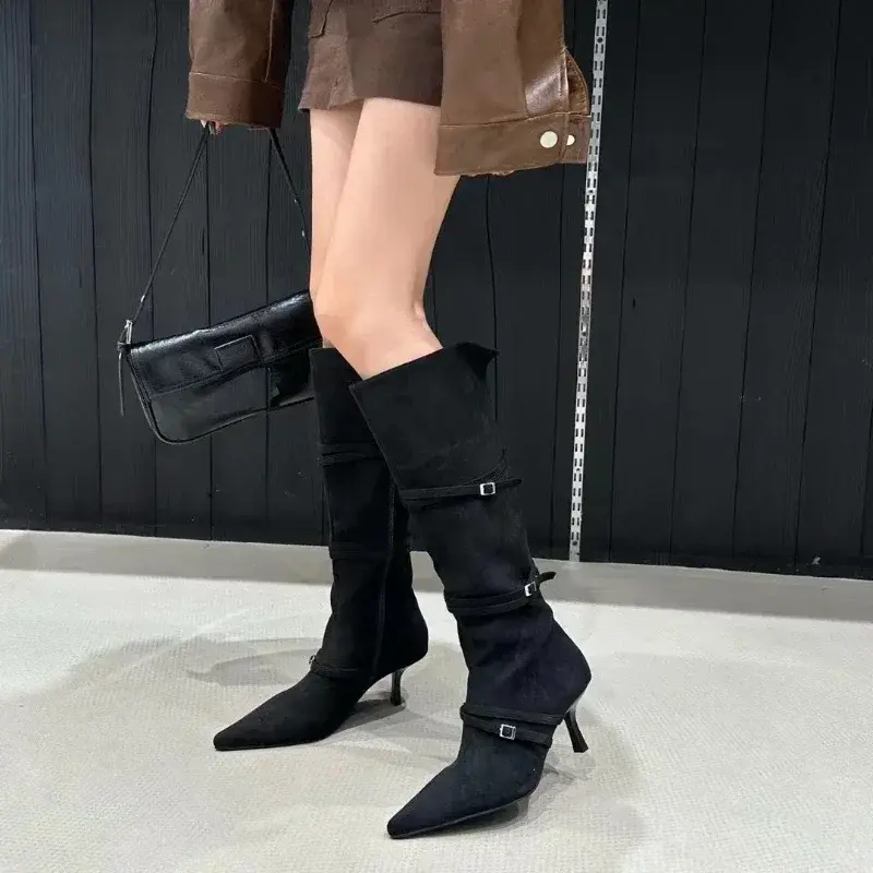 Women Shoes Ladies Long Boots Heels Pointed Toe Shoes Fashion Buckle Slip-On Female Knee High Western Boots Designer Shoes