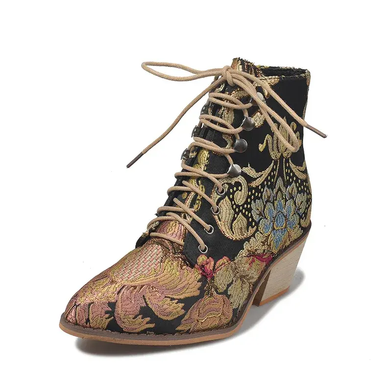 Pointed-toe Embroidery Ethnic Boots Women Low-heel Pumps Platform Red Boots Modern Designer Boots Plus Size Banquet Women Shoes