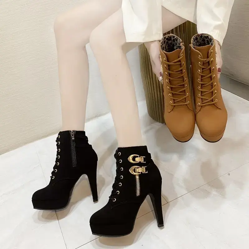 Women High Heels Stiletto Ankle Boots 2025 Autumn Fashion Lace-up Side Zipper Boots Female Platform Solid Color Short Booties