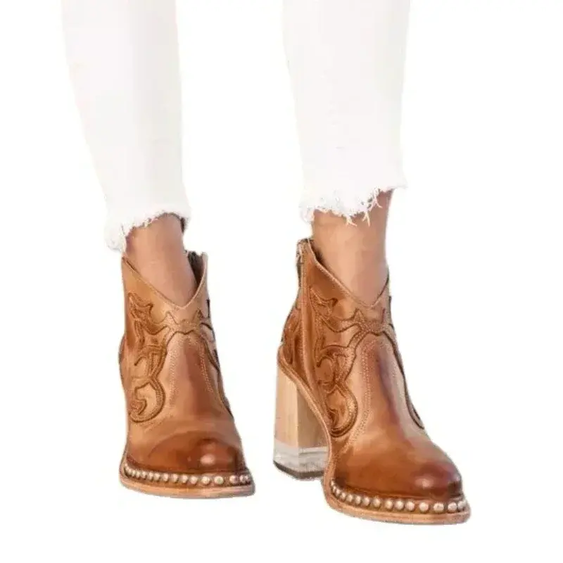Female Ankle Boots  Leather Women's Shoes Low Heel Cool British Embroidered Design Soft Short Boots Party Ladies Footwear PU 024