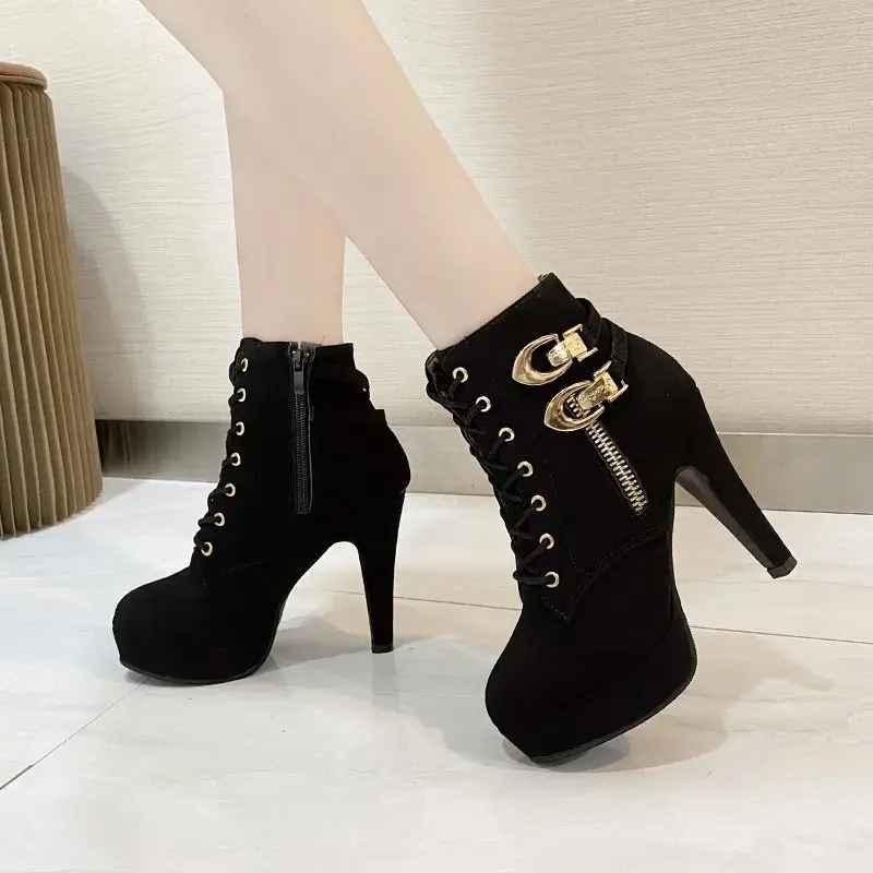 Women High Heels Stiletto Ankle Boots 2025 Autumn Fashion Lace-up Side Zipper Boots Female Platform Solid Color Short Booties