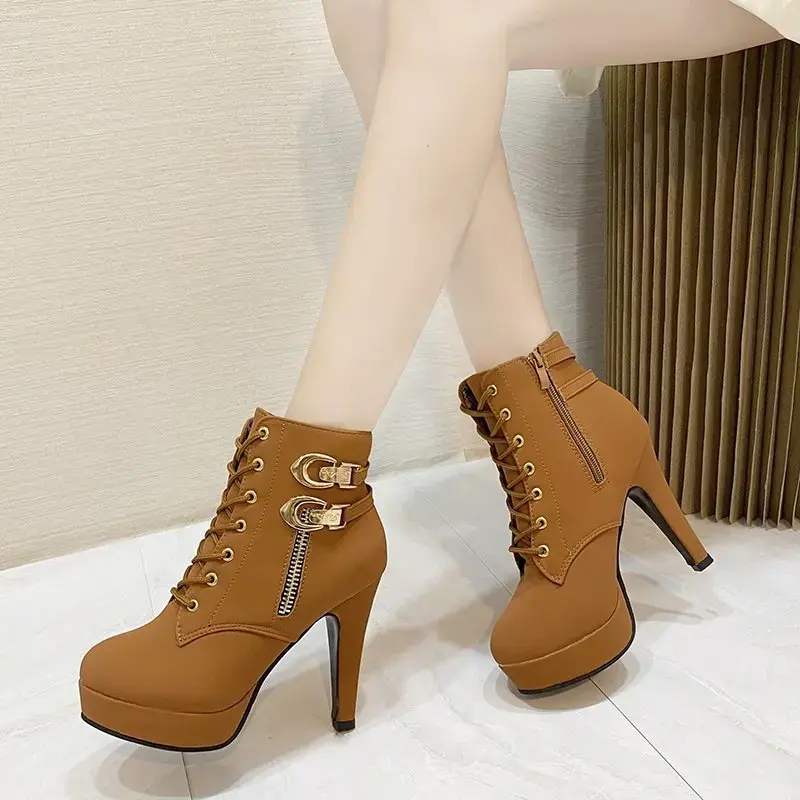 Women High Heels Stiletto Ankle Boots 2025 Autumn Fashion Lace-up Side Zipper Boots Female Platform Solid Color Short Booties