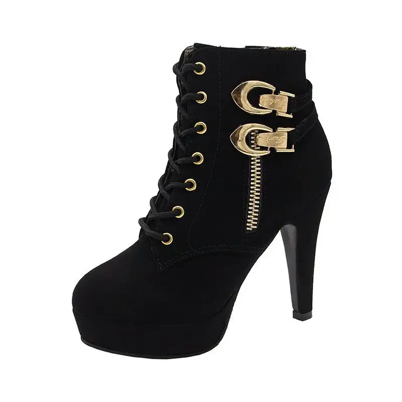 Women High Heels Stiletto Ankle Boots 2025 Autumn Fashion Lace-up Side Zipper Boots Female Platform Solid Color Short Booties