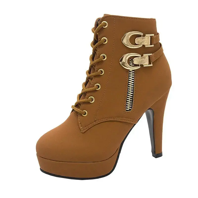 Women High Heels Stiletto Ankle Boots 2025 Autumn Fashion Lace-up Side Zipper Boots Female Platform Solid Color Short Booties