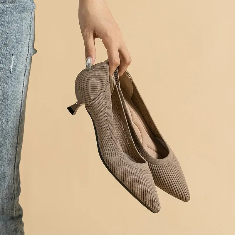 Pointed Toe Solid Color Stretch Knitted Shoes Pumps Slip on Sole Low Heels Breathable Loafers Women Mesh Shallow Sock Shoes