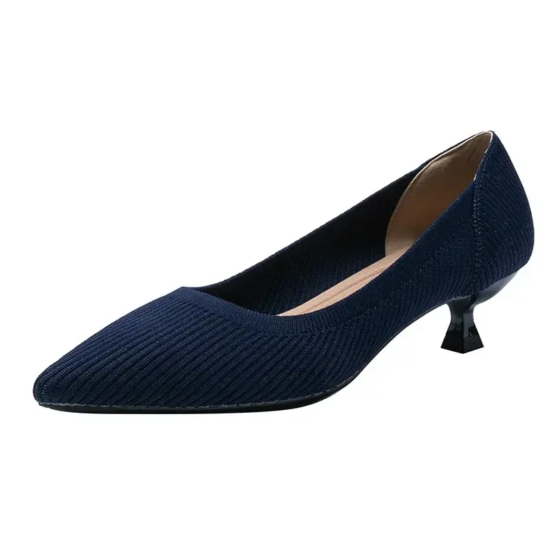 Pointed Toe Solid Color Stretch Knitted Shoes Pumps Slip on Sole Low Heels Breathable Loafers Women Mesh Shallow Sock Shoes