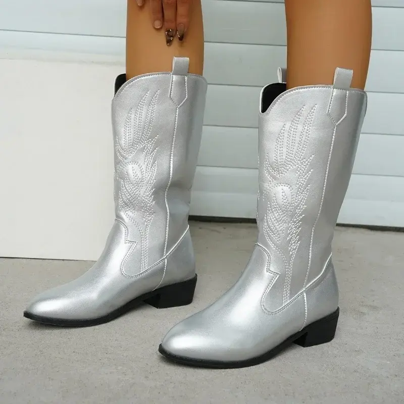 Women Fashion Slip on Knight Boots Ladies Autumn Winter Thick Sole Knight Boots Pointed Toe Square Heel Embroidered Cowboy Boots