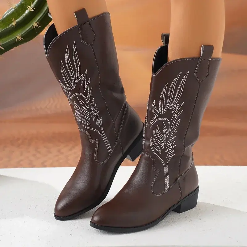 Women Fashion Slip on Knight Boots Ladies Autumn Winter Thick Sole Knight Boots Pointed Toe Square Heel Embroidered Cowboy Boots