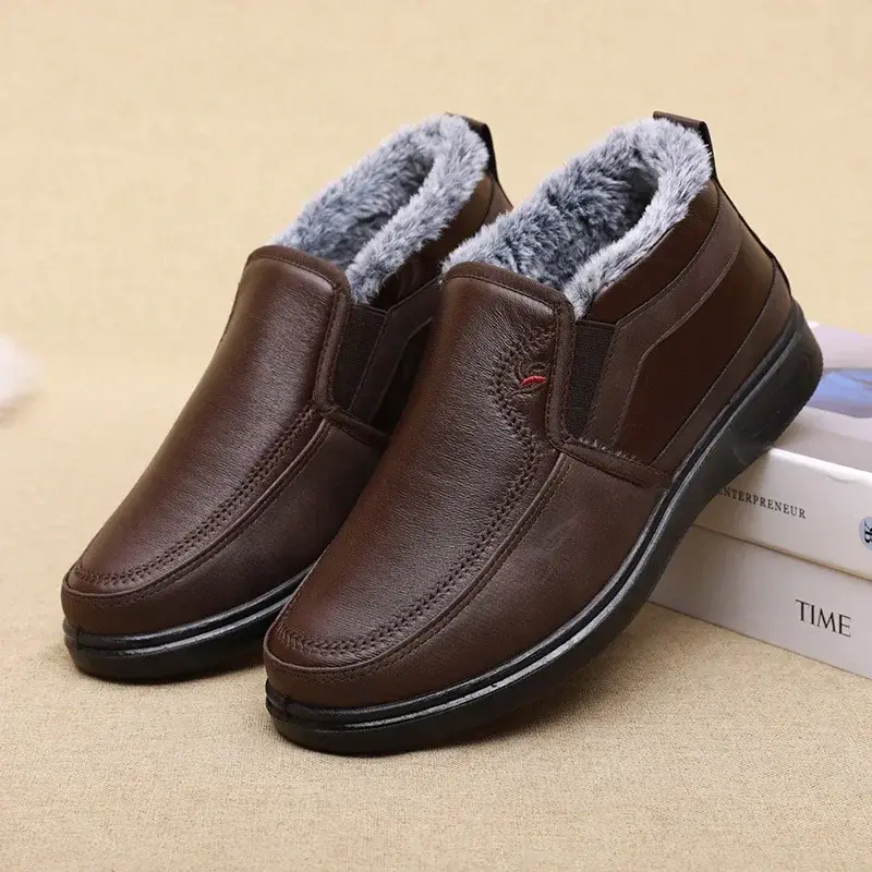 Winter Men Cotton Shoes Waterproof Anti Slip Plush Warm Casual Shoes Middle-aged Elderly People Comfort Flat Soled Snow Boots