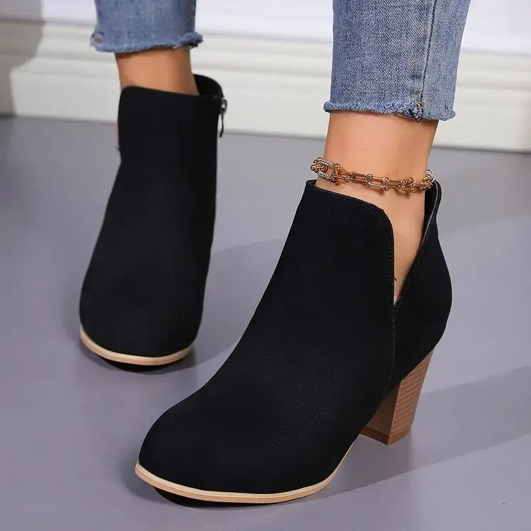 Women's Fashion Ankle Boots Chunky High Heels Boots Female New Trendy Autumn Winter Outdoor Mid-heel Side Zipper Booties Mujer