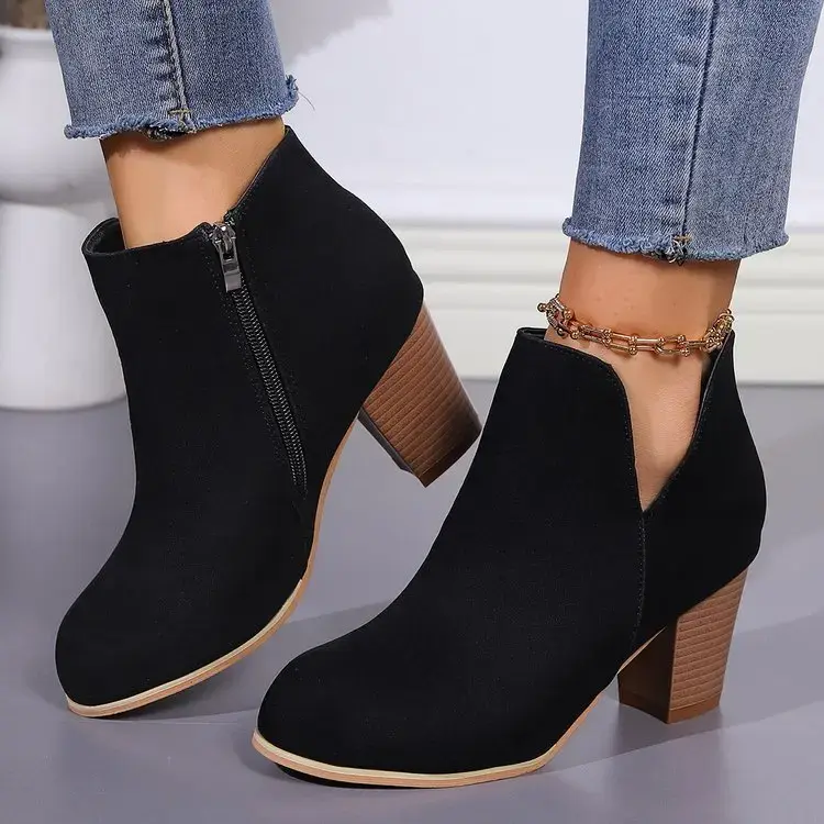 Women's Fashion Ankle Boots Chunky High Heels Boots Female New Trendy Autumn Winter Outdoor Mid-heel Side Zipper Booties Mujer