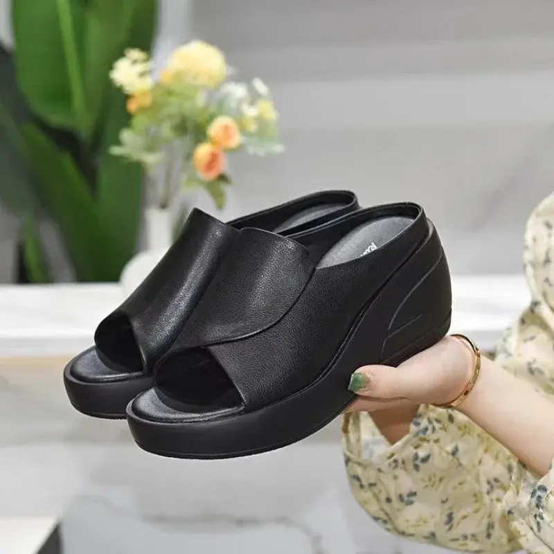 Women Sandals Women Slippers Black Wedge Platform Open Toe Women Orthopedics Thick Bottom Beach High Heels Slides