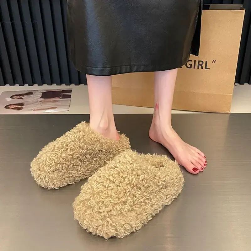 Thick Heel Luxury Lambwool Mules  Winter Shoes Woman Flip Flops Flat Cover Toe Slides Ins Warm Curly Lamb Fur Slippers Women