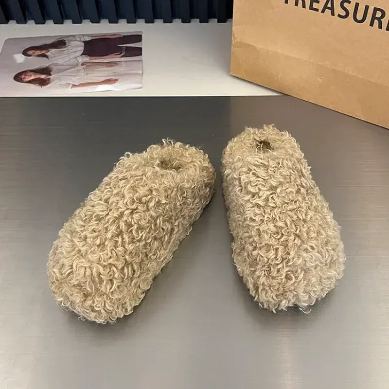 Thick Heel Luxury Lambwool Mules  Winter Shoes Woman Flip Flops Flat Cover Toe Slides Ins Warm Curly Lamb Fur Slippers Women