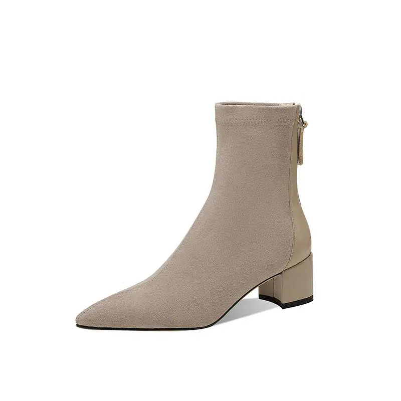 Women's Elastic Boots  Autumn/winter New Pointed Suede Nude Color Non-slip Back Zipper High-heeled Fashion Boots Botas Mujer