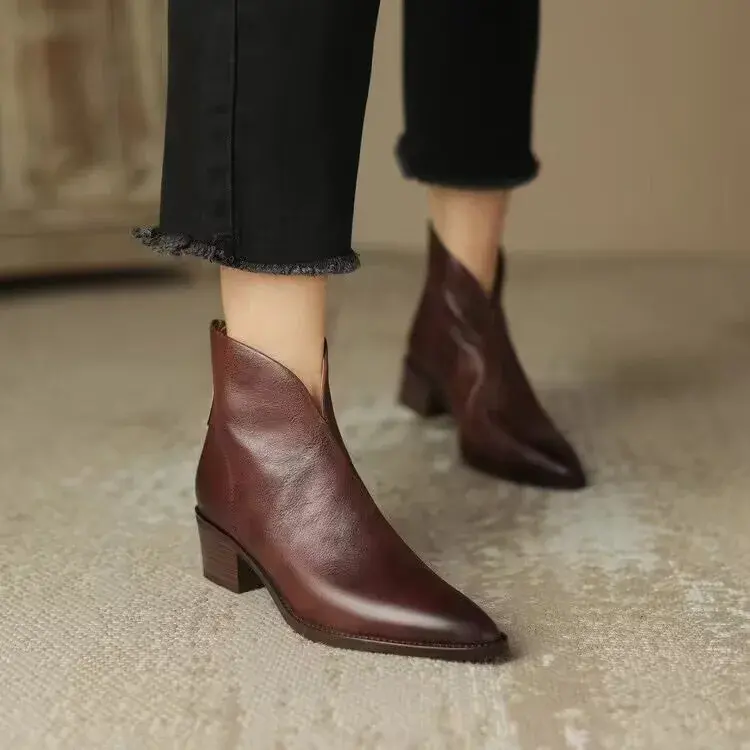 Women Pointy Brown Ankle Boots High Heels Shoes Woman Vintage Chelsea Boots Autumn PU Leather Femme Mid-heel Stubby Ankle Boots
