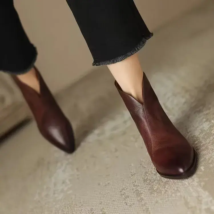 Women Pointy Brown Ankle Boots High Heels Shoes Woman Vintage Chelsea Boots Autumn PU Leather Femme Mid-heel Stubby Ankle Boots