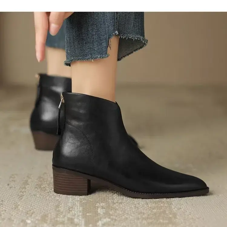 Women Pointy Brown Ankle Boots High Heels Shoes Woman Vintage Chelsea Boots Autumn PU Leather Femme Mid-heel Stubby Ankle Boots