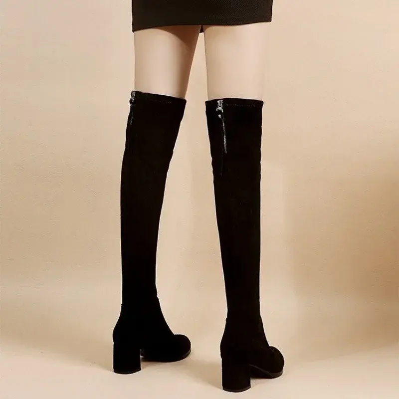 Faux Suede Female Heels Autumn Zipper Elastic Knee-high Boots for Women Tube Lace-up Thigh Gigh Boots Black Botas Mujer