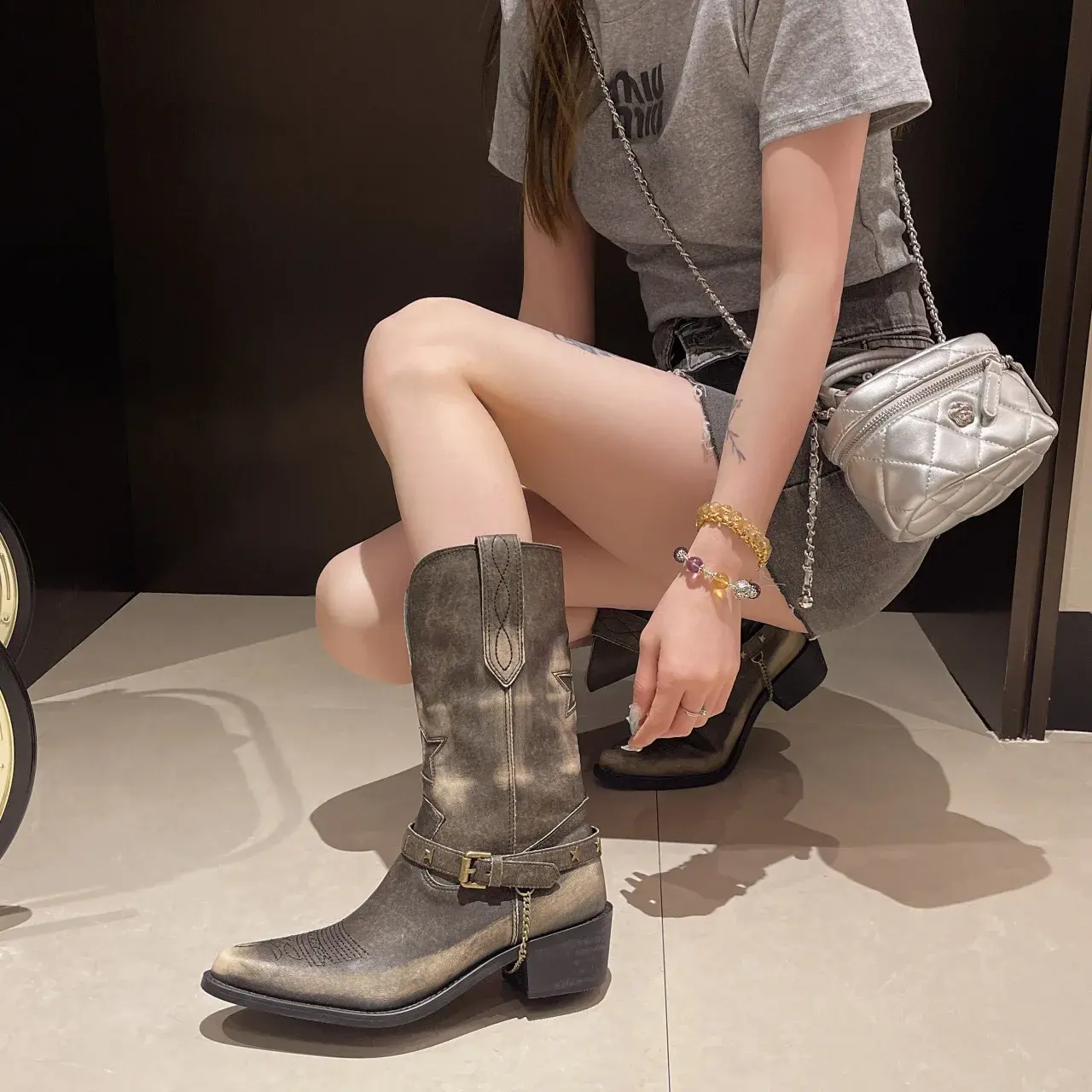 Women's Retro Cowboy Mid Calf Boots Cowboy Square Heels Pointed Toe Platform Women Chunky Heels Western Pointed Toe Metal Botas