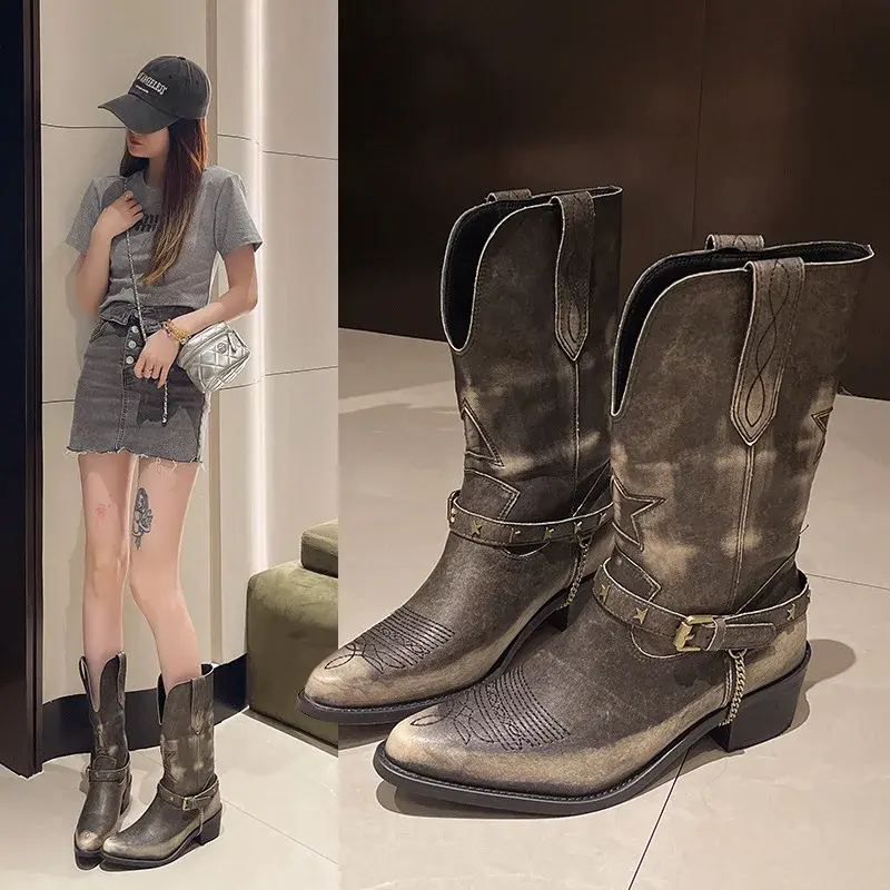 Women's Retro Cowboy Mid Calf Boots Cowboy Square Heels Pointed Toe Platform Women Chunky Heels Western Pointed Toe Metal Botas
