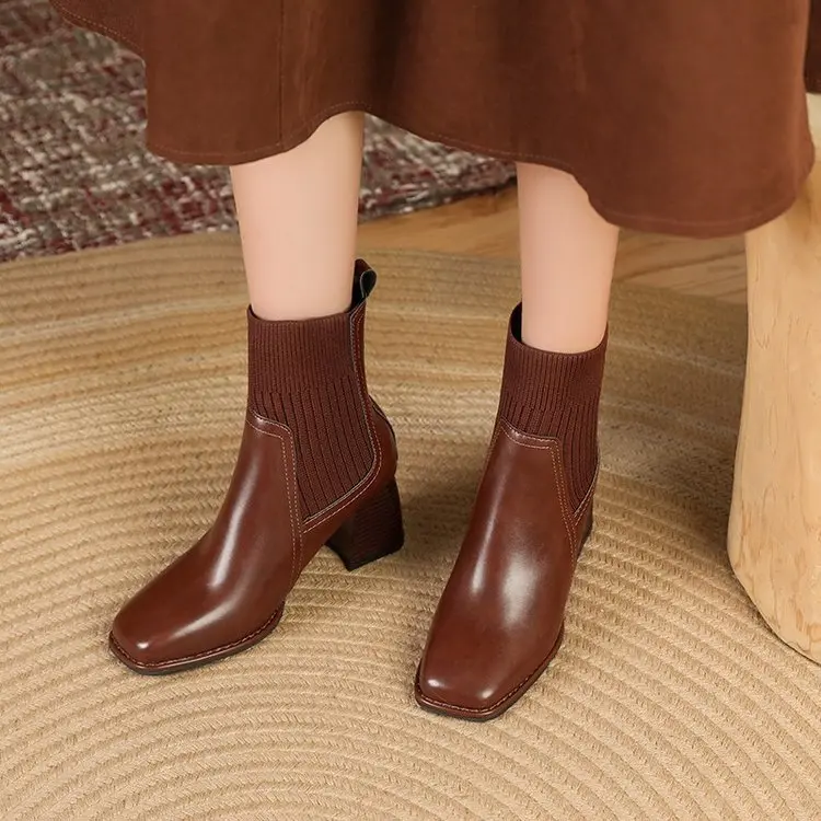 French retro square toe slim boots, high heeled knitted short boots, temperament, thick heeled socks boots 2025