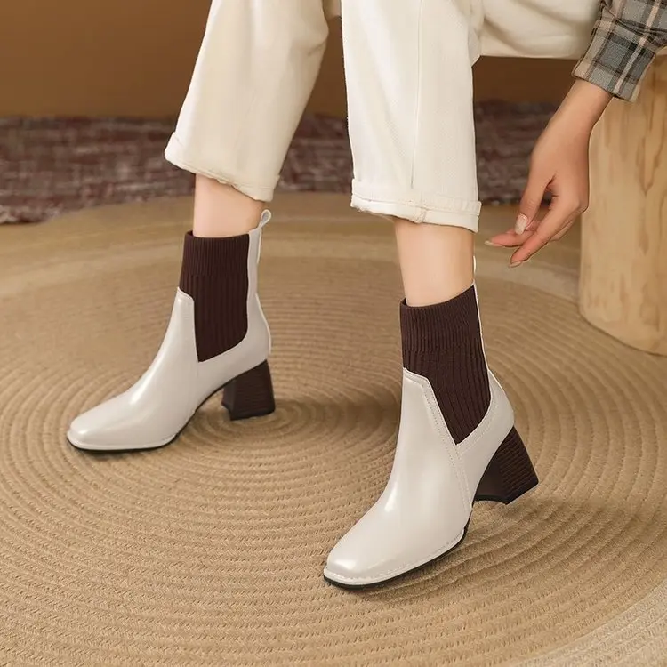 French retro square toe slim boots, high heeled knitted short boots, temperament, thick heeled socks boots 2025