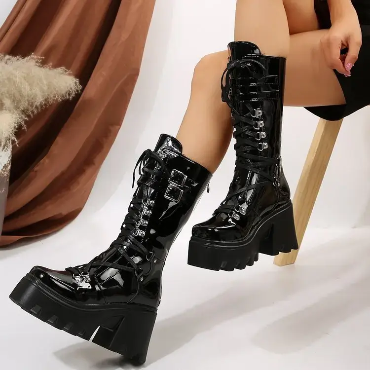 New Women's Fashion Mid Tube Boots Lace Up High Platform Wedge Boots New Women's Fashion Solid Color Boots 2025